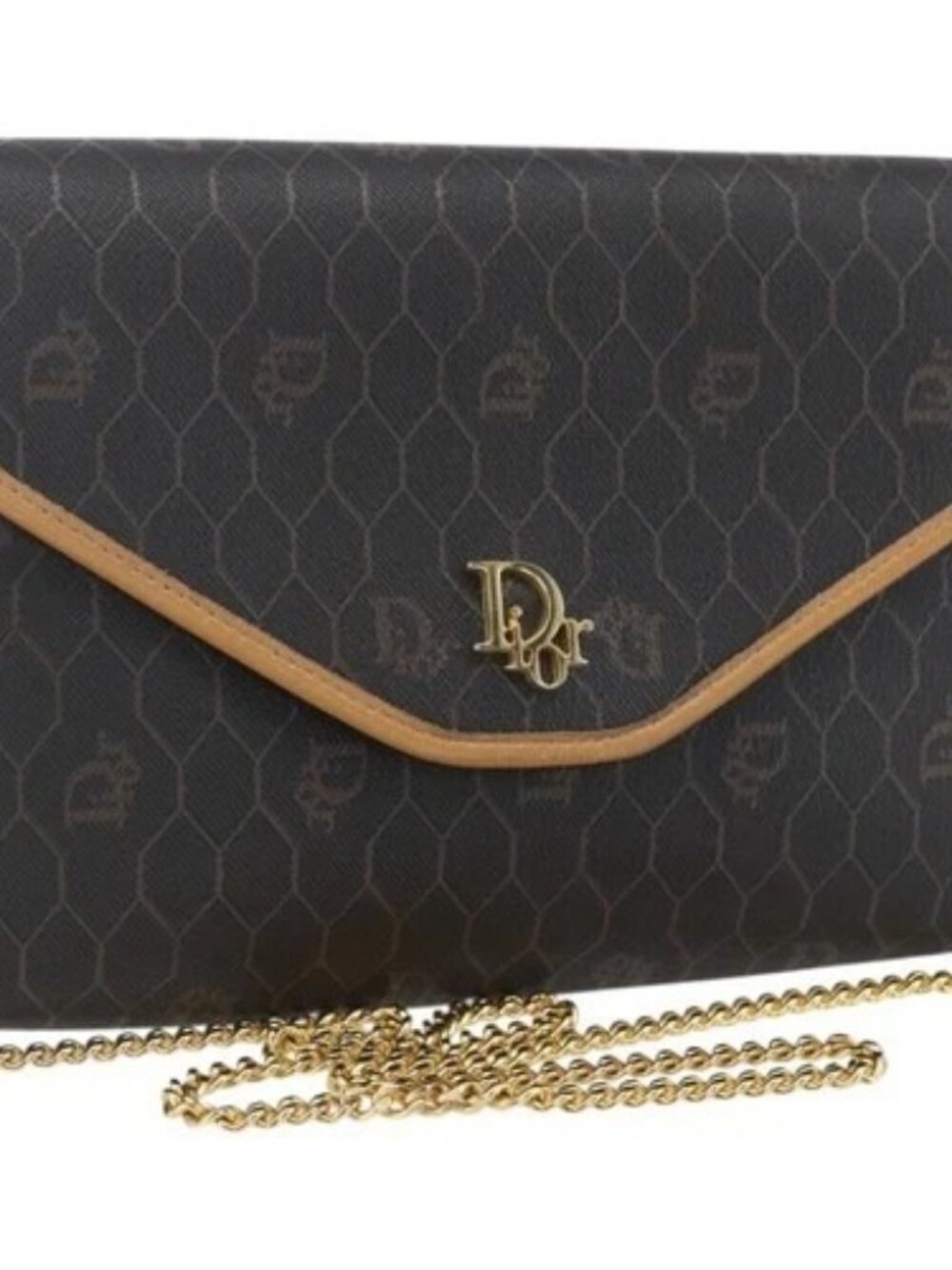 Christian Dior Honeycomb Canvas Chain Shoulder Bag Black Gold Auth mr1973